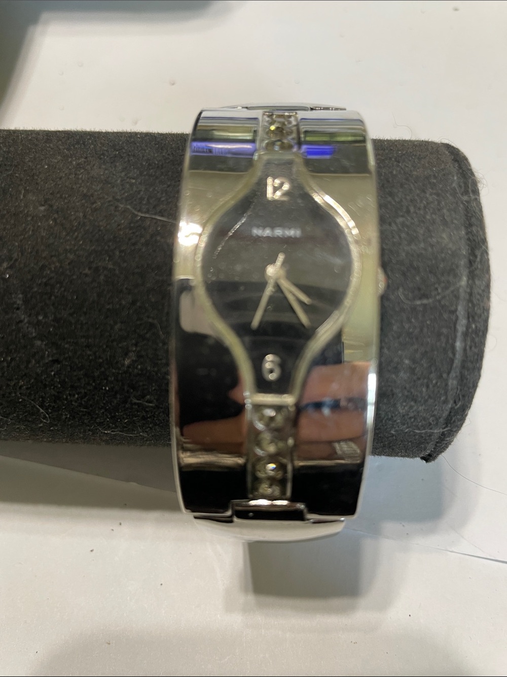 Narmi Women's Silver Bracelet Watch with Black Dial Face.  Needs Battery.